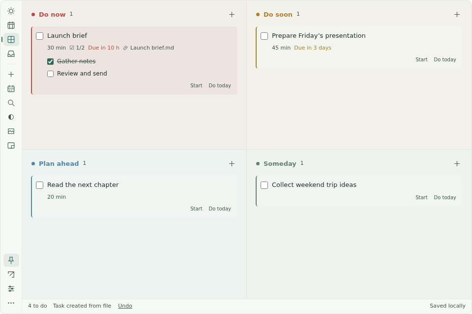 Actual DeskPlan app with sample tasks in four urgency zones